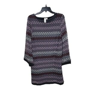 Purple Crochet Knit Stripe Shift Dress  3/4 Bell Sleeve Womens L Classic Boho